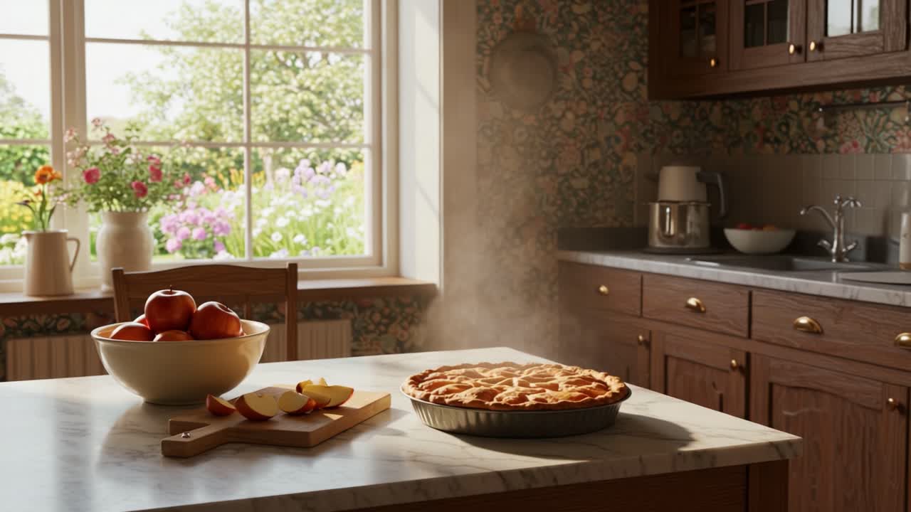 Warm and Inviting Homemade Apple Pie in a Cozy Kitchen with Fresh Ingredients and Beautiful Garden View Enhancing the Culinary Experience