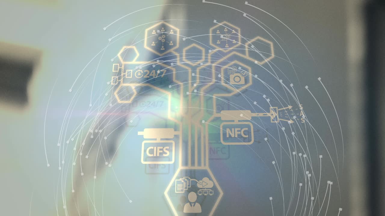 흐릿한 배경 위에 디지털 아이콘으로 연결 네트워크의 애니메이션