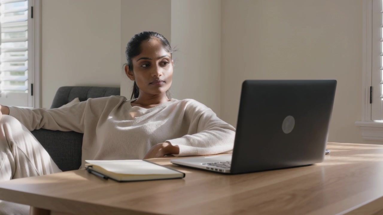 Watching laptop screen, woman in loungewear waiting and reaching keyboard at desk with notebook