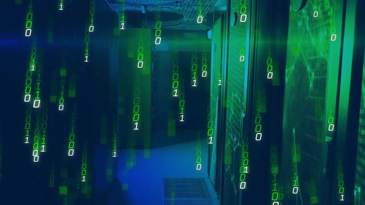 Digital Binary Code Falling in a Futuristic Server Room