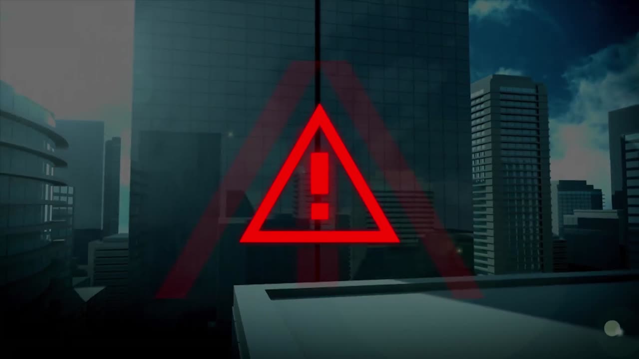 Animation of covid 19 warning sign over cityscape