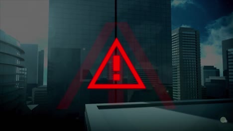 animation of covid 19 warning sign over cityscape