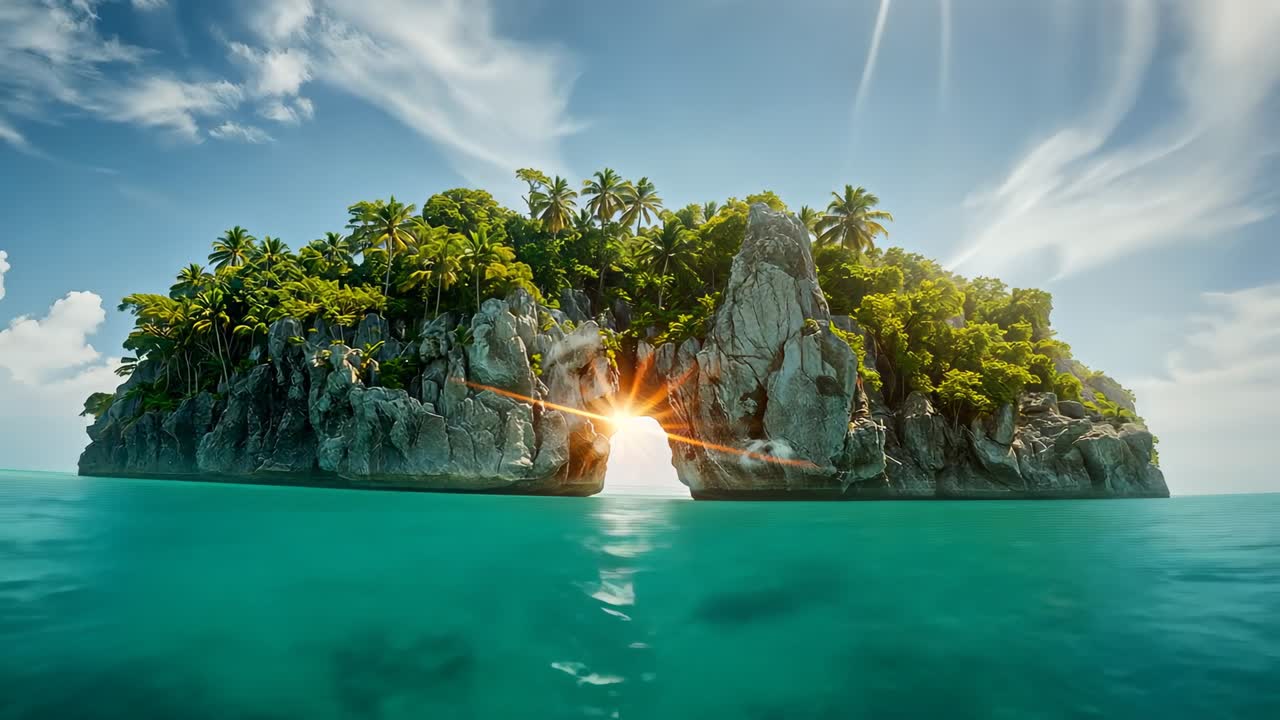 Pulling back drone revealing rocky islet with palms and arch at tropical sea, capturing sunburst