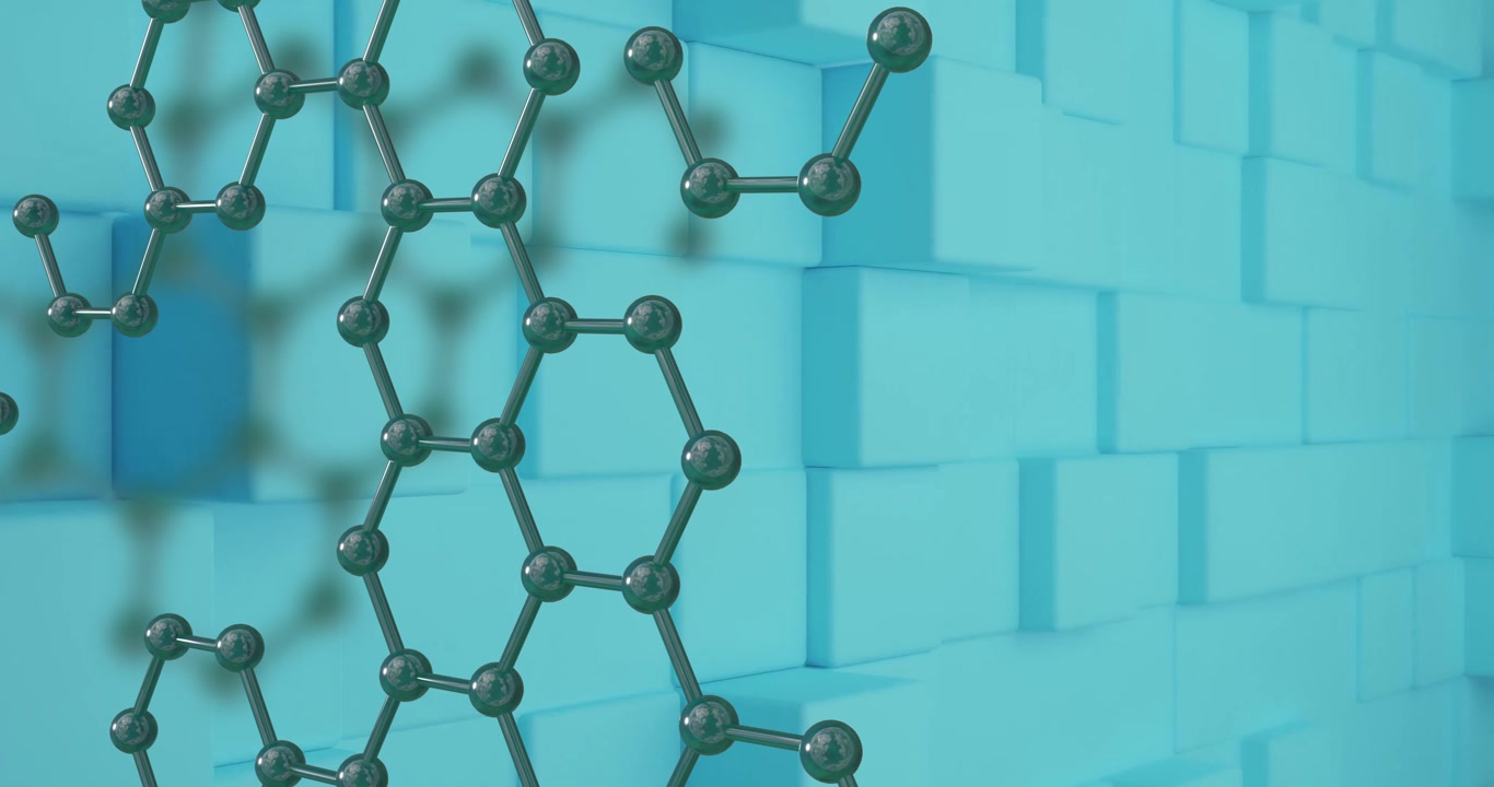Molecular structure animation over blue geometric blocks background
