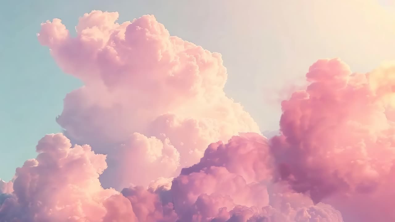 Dreamy video scene of fluffy pink clouds against a soft blue sky, captured from a low angle