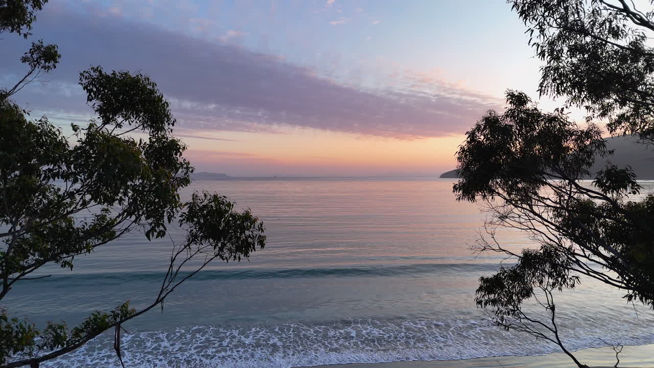 Witness the breathtaking sunrise illuminating Bruny Island's coastline as gentle waves lap at the shore, framed by lush trees creating a serene atmosphere.