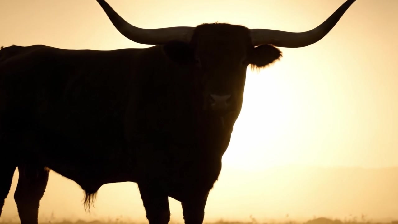 Silhouetted Bull Against a Golden Dawn: A Captivating Portrait of Strength and Nature's Majesty in the Soft Morning Light