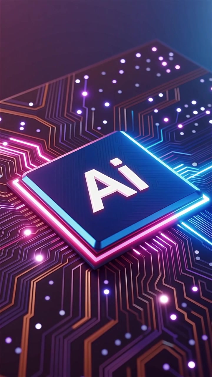 Sfondo tecnologico futuristico con chip AI e scheda madre