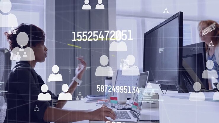 Animation of connections with icons and numbers over diverse business people in office