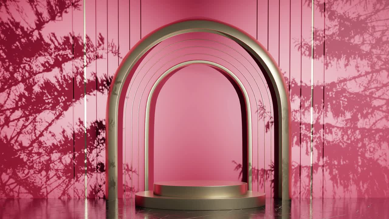 3d 렌더링 애니메이션으로 나무 잎 그림자를 가진 제품 디스플레이 스탠드 디자인, 전자 상거래 웹 사이트 판매 할인 빨간 배경