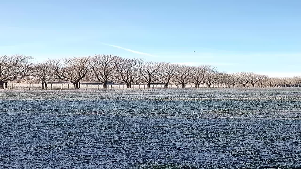 Pan over fields in winter in Magdeburg, Germany