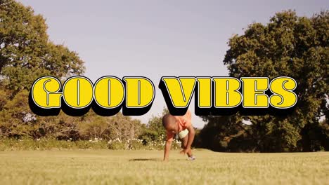 animation of good vibes text over happy child outdoors