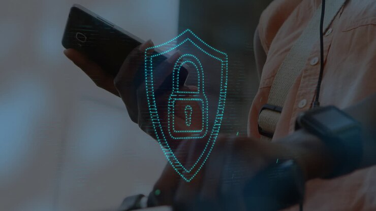 Animation of padlock in shield over midsection of caucasian woman on bicycle using cellphone