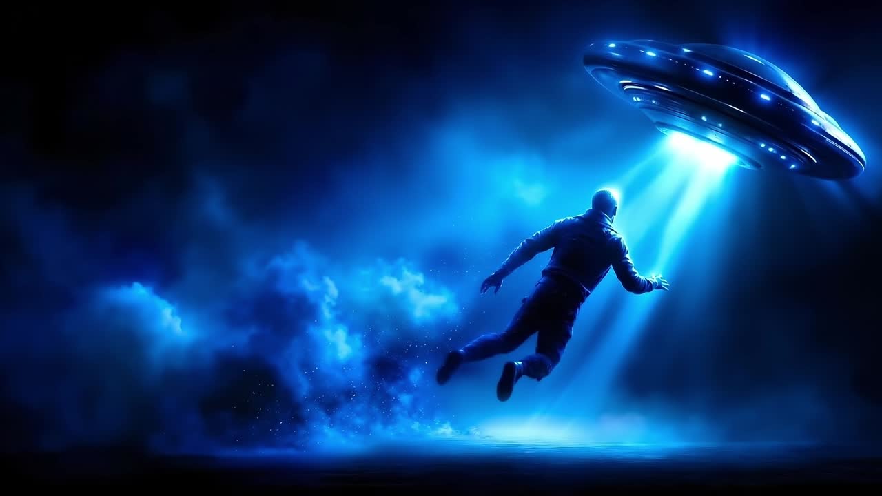 A man flying through the air with a flying saucer in the background