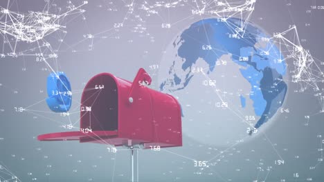 Animation-of-symbol-in-red-mailbox-with-numbers-around-connected-dots-and-rotating-globe