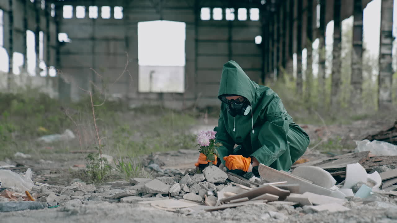 Ecologist plants flowers into stones. Man in a gas mask protects the plant after an environmental disaster. Chemical attack.