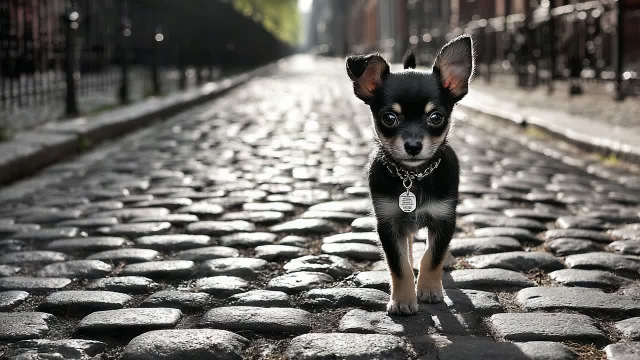 Uroczy szczeniak chihuahua odkrywa brukowaną ulicę w porannym świetle, uchwycając esencję miejskiej zabawności i przygody z ujmującą prezencją