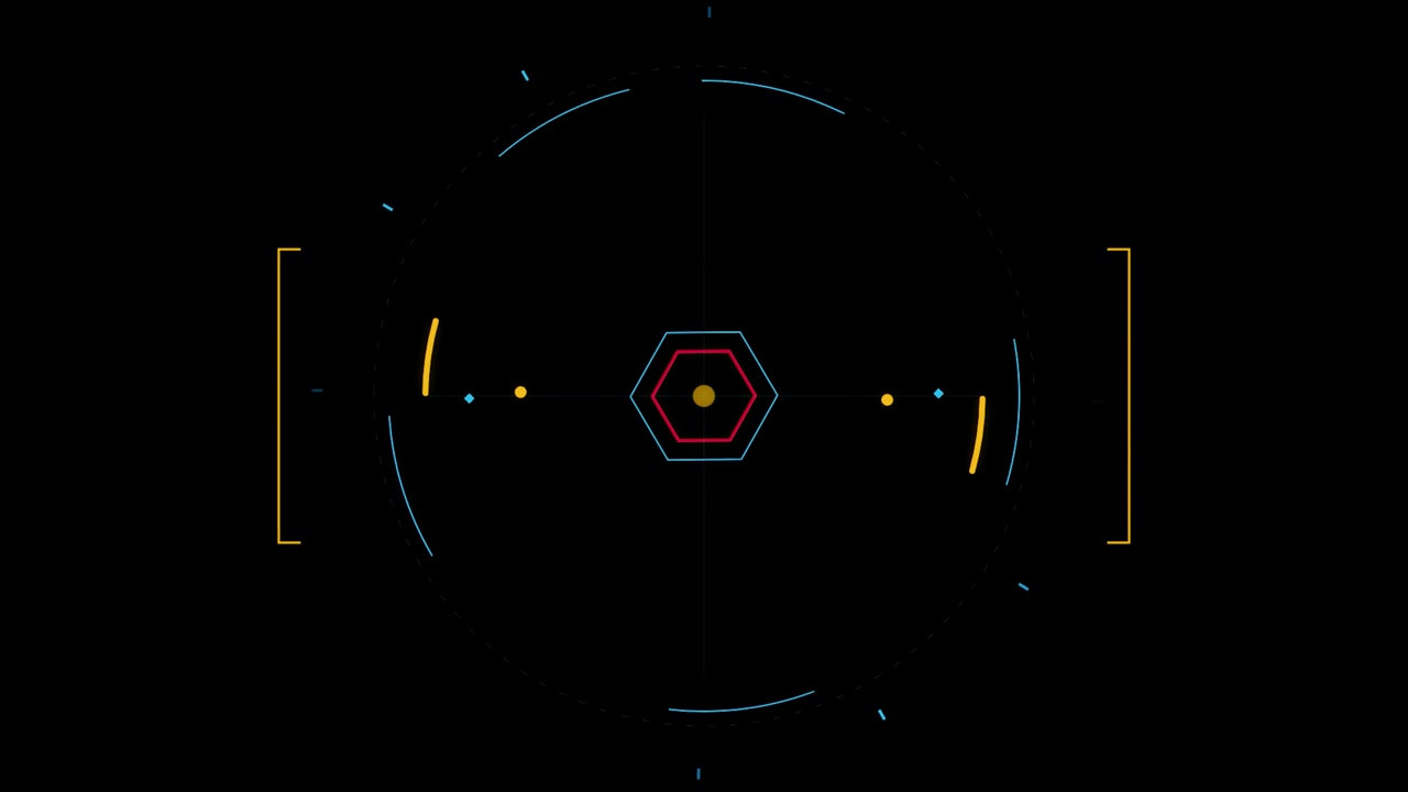 Futuristic Digital HUD Interface with Rotating Hexagon and Circular Elements