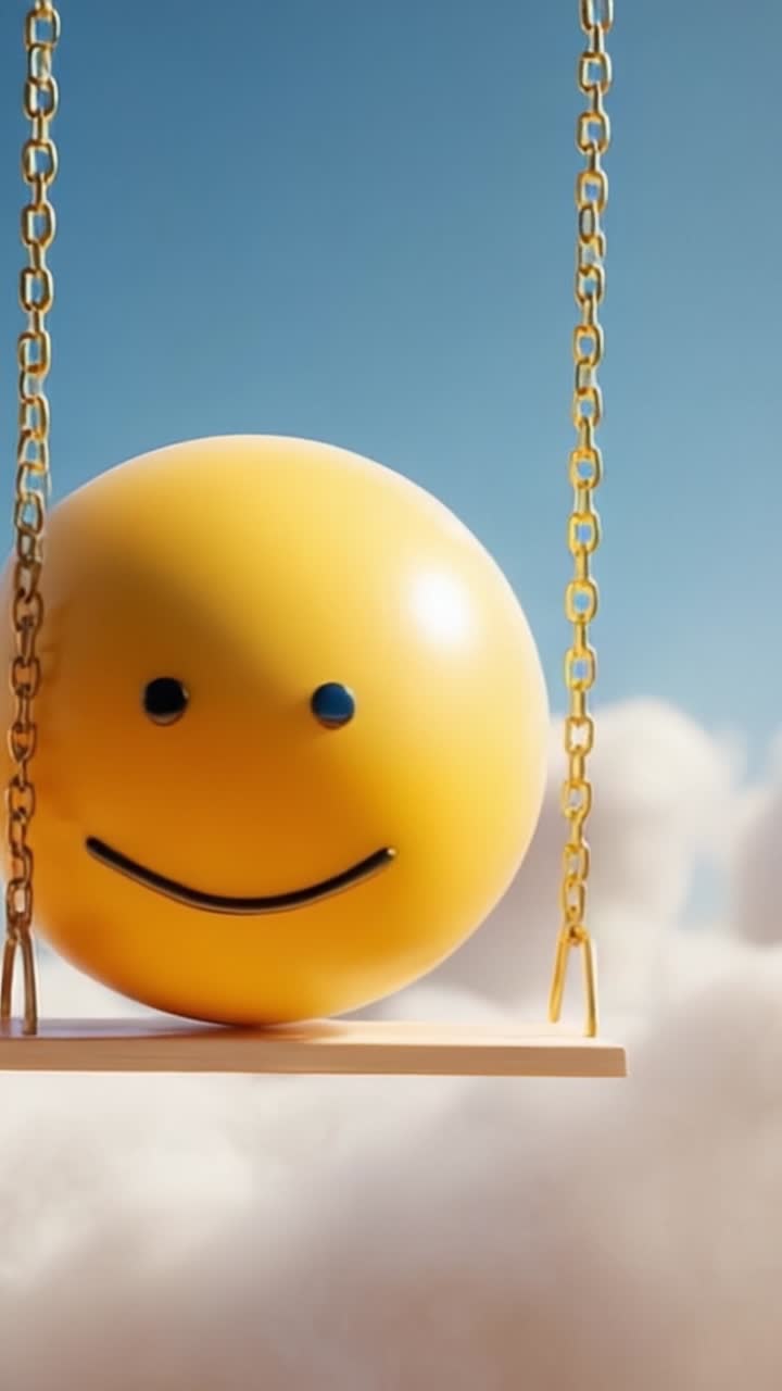 Una giocosa faccina sorridente gialla oscilla in un cielo blu brillante circondata da soffici nuvole bianche, catturando un'atmosfera stravagante e gioiosa in un design divertente
