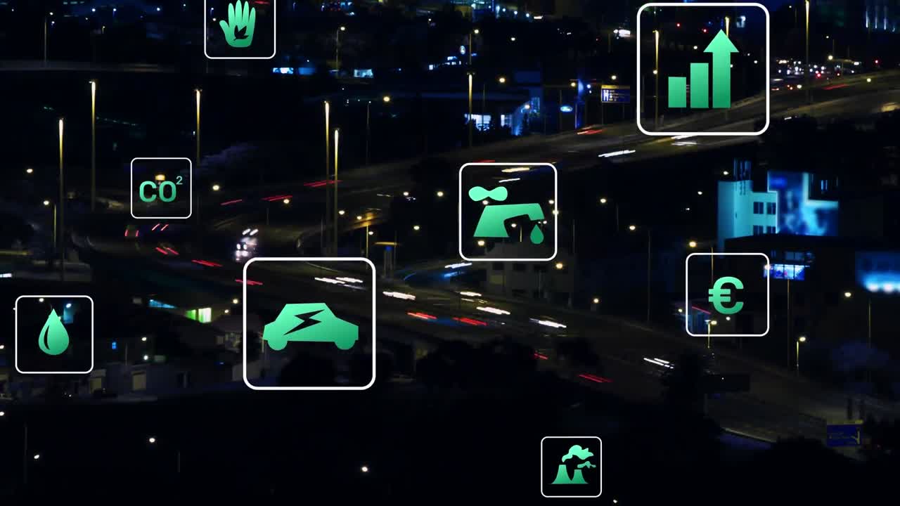 animación de iconos sostenibles en cuadrados en el lapso de tiempo de vehículos en movimiento en puentes y calles.
