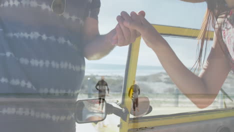 near ocean, people relaxing by yellow convertible, enjoying animation on beach