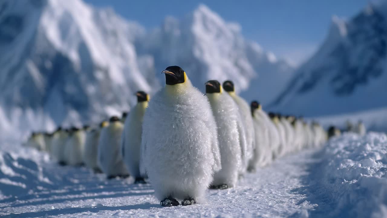 A Fascinating Journey Through the Icy Wilderness: A Line of Adorable Emperor Penguin Chicks Marching Together in Their Natural Habitat Amidst Majestic Snow-Capped Mountains