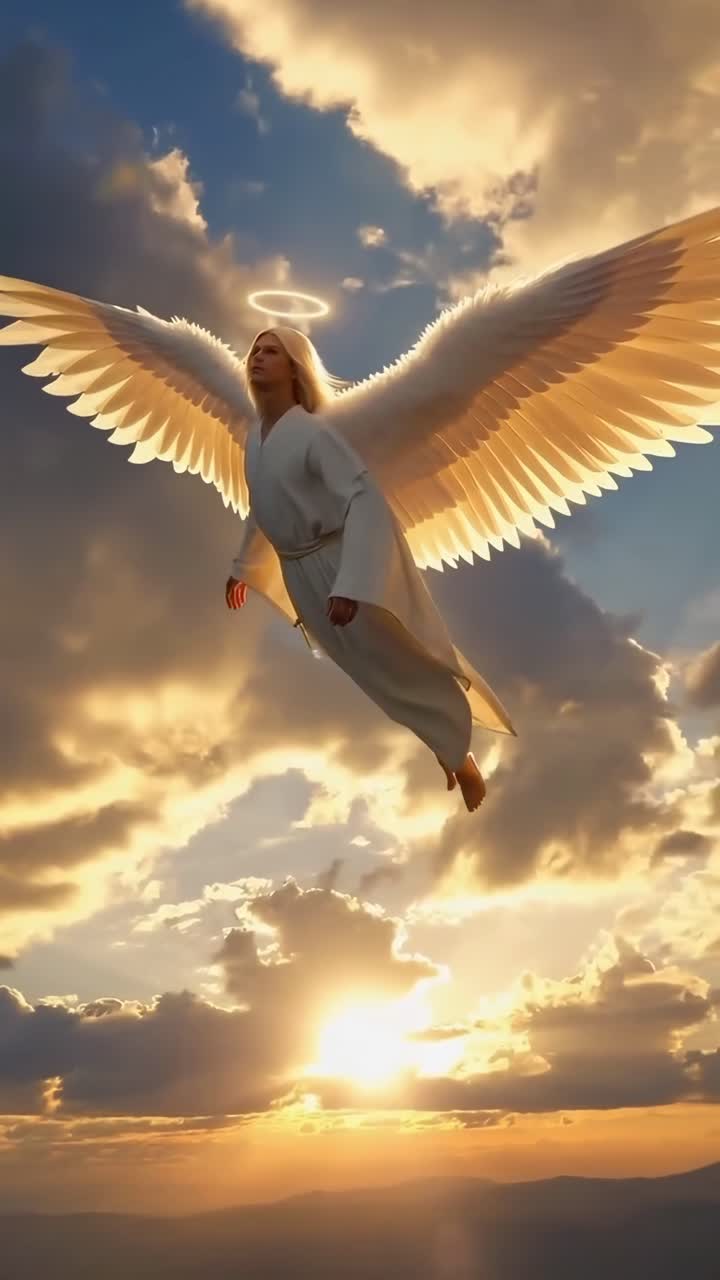 Angelo etereo con aureola che si libra in un cielo al tramonto, ripreso da un'angolazione bassa.