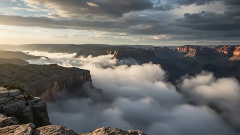breathtaking view of majestic canyon surrounded by ethereal clouds at sunset, where nature's beauty meets serenity in an expansive landscape