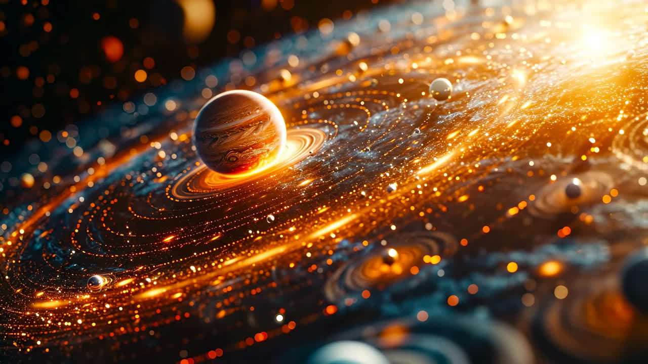 Colorful rings and planets. A vibrant view of planets and swirling rings illuminated by starlight in the vastness of outer space