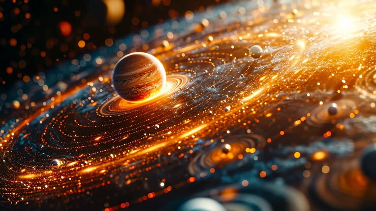 Colorful rings and planets. A vibrant view of planets and swirling rings illuminated by starlight in the vastness of outer space