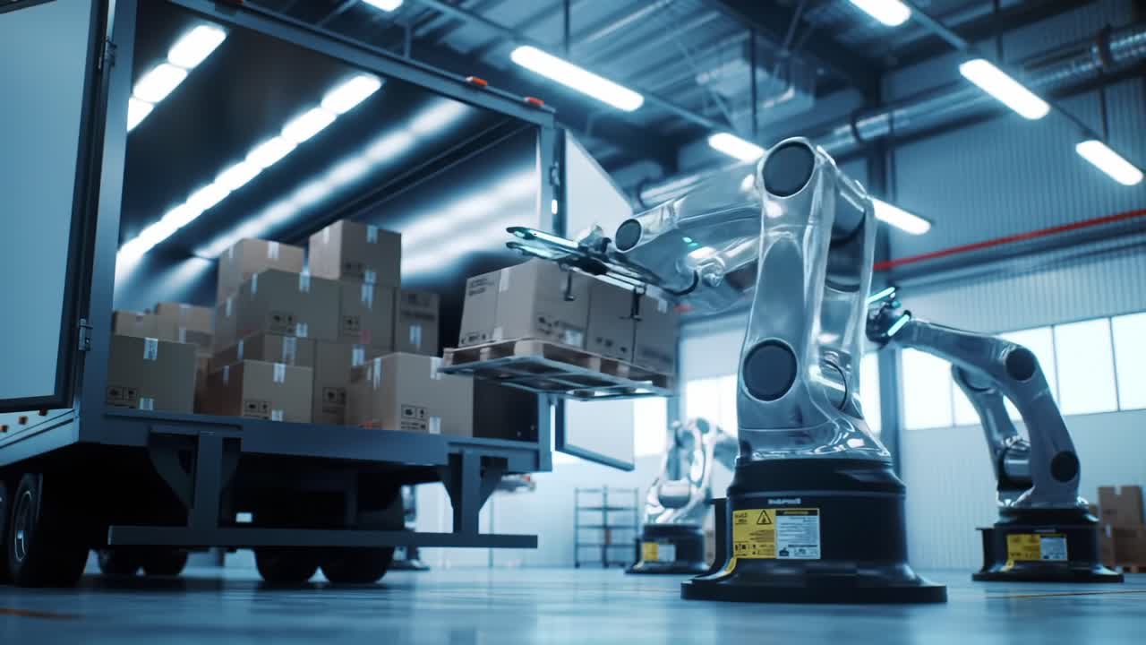 Automated Robotics in Action: High-Tech Robotic Arms Efficiently Loading Boxes into a Truck in a Modern Warehousing Facility