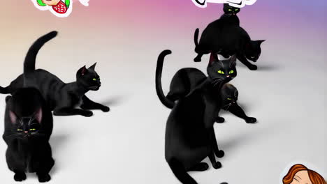 group of black cats with green eyes on a gradient background