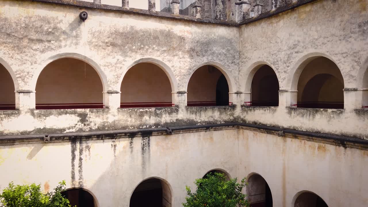 Orbital shot of the interior of one of the cloisters of the ex-convent in Tepoztlán, Mexico