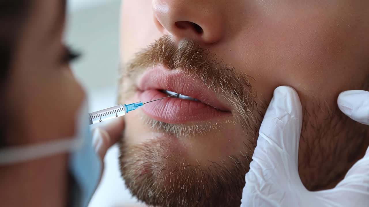 Man receiving lip filler injection