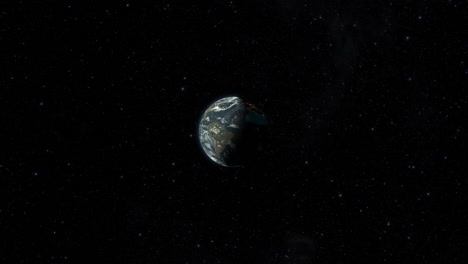 CGI-composite:-planet-earth-rotating,-center-wide-shot,-half-lit-with-a-starry-background