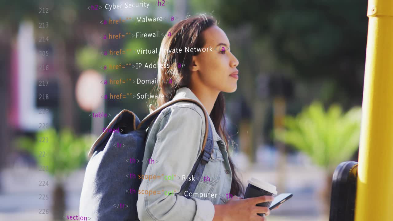 Woman glancing at phone, sipping coffee while waiting for bus, tech code overlay hovering left