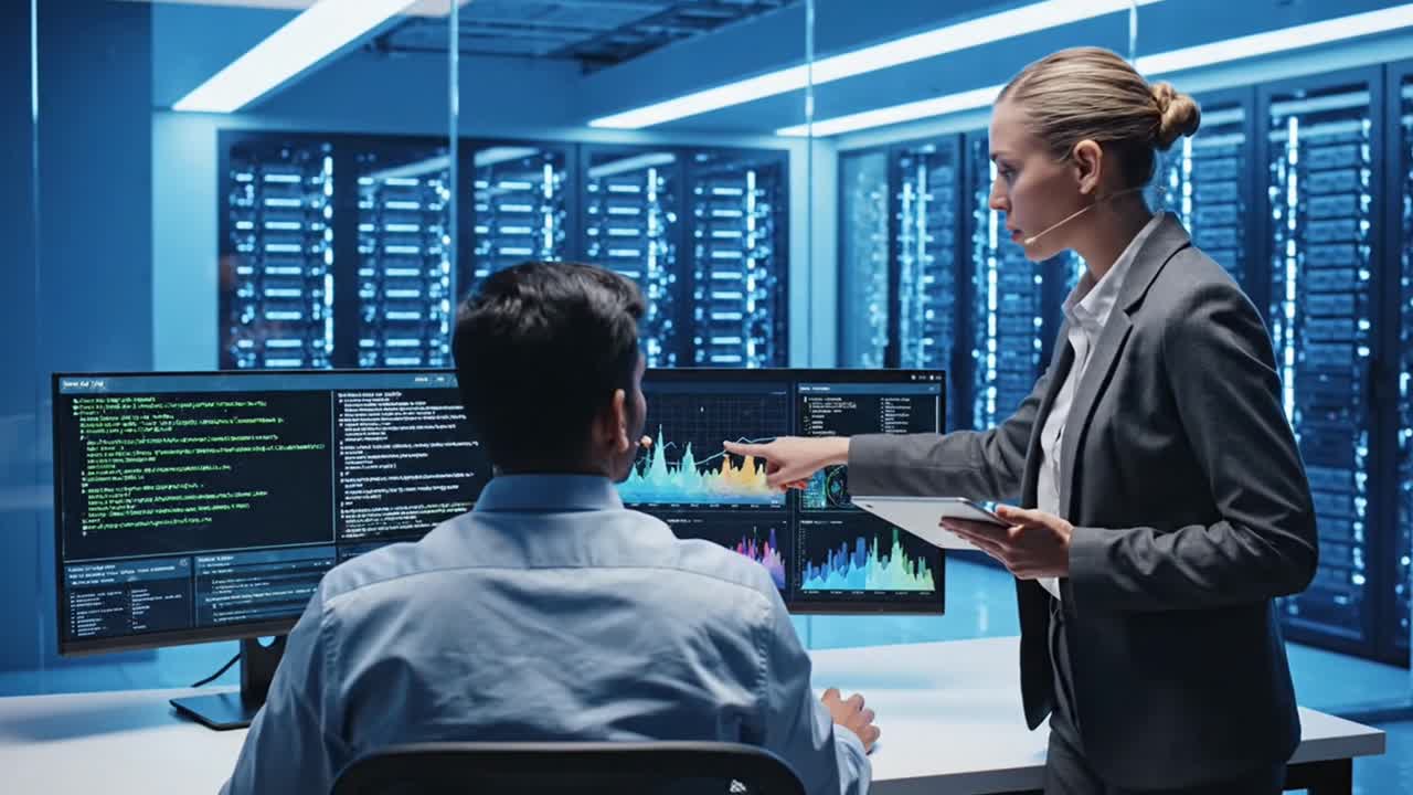 It professionals analyzing data in server room