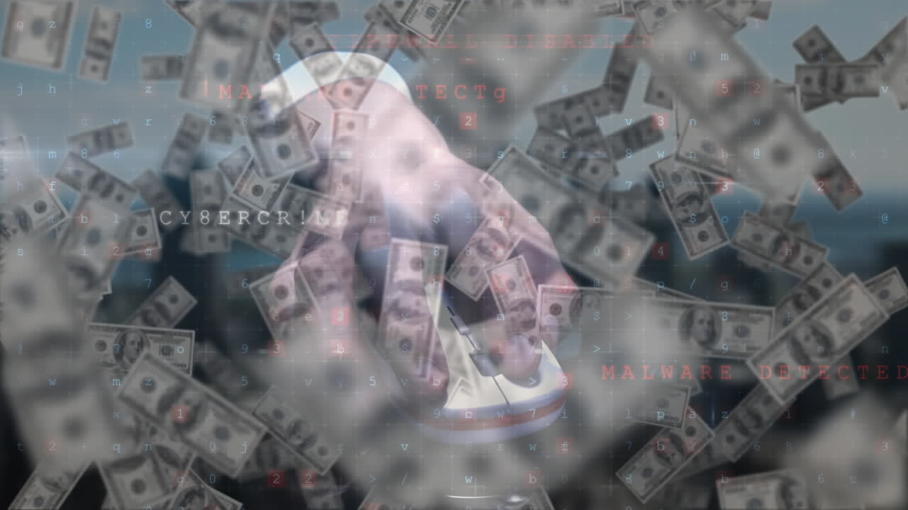 변화하는 숫자의 애니메이션과 마우스와 달러 지폐를 사용하여 손에 바이러스 경보