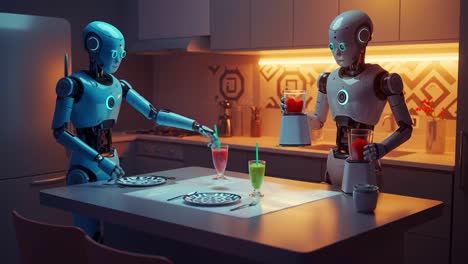 two advanced robots work together in a modern kitchen, blending colorful smoothies while preparing for a meal in a futuristic, cozy setting