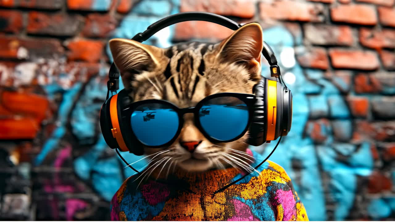 Kat med solbriller, der lytter til musik. En kat med solbriller og høretelefoner står op ad en farverig graffitivæg og nyder musik i et urbant miljø.