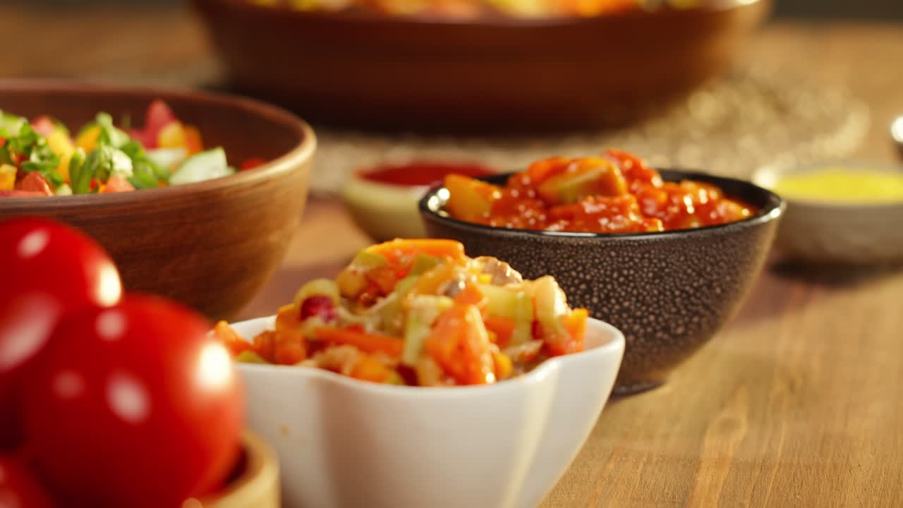 cocina marroquí. platos tradicionales, ensalada de verduras. cultura de oriente medio. comida casera. cuencos con salsas y aperitivo frío.