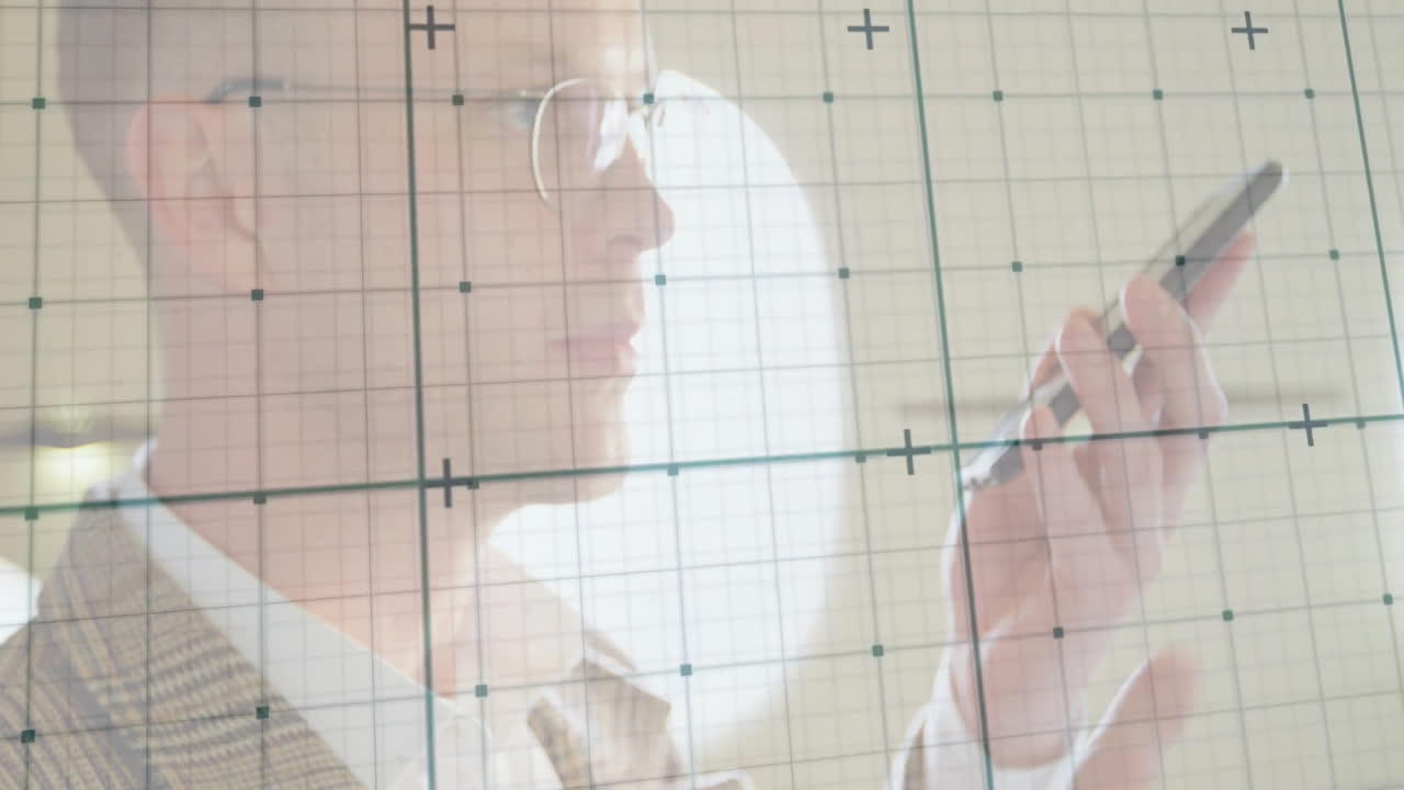 с использованием смартфона, человек взаимодействует с сеткой и точками данных анимации