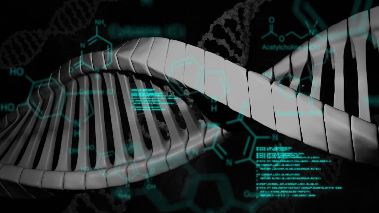 procesamiento de datos sobre la estructura de adn giratoria y la red de conexiones contra un fondo azul