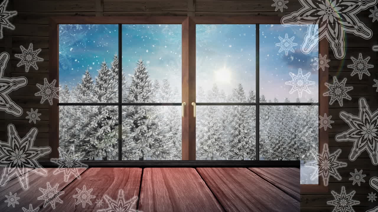 Snowflakes over wooden window frame against snow falling on winter landscape