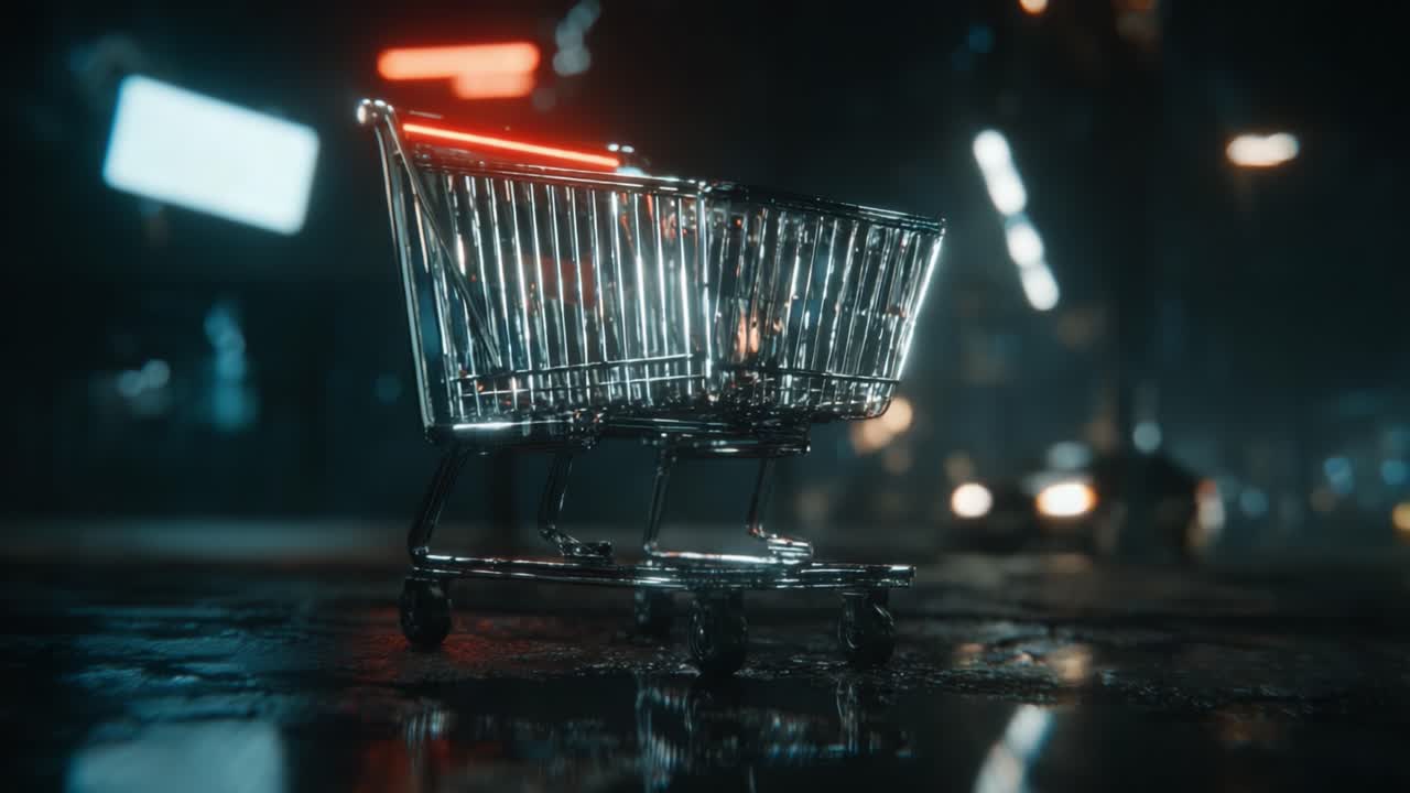 A Futuristic Shopping Cart Stands Alone on a Rainy Urban Street, Reflecting Neon Lights and Capturing the Essence of Nightlife in a Vibrant Cityscape