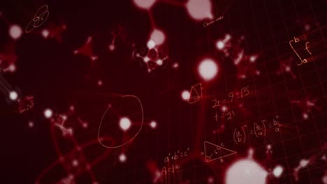 Animation-of-mathematical-formula-and-shapes-moving-on-red-background