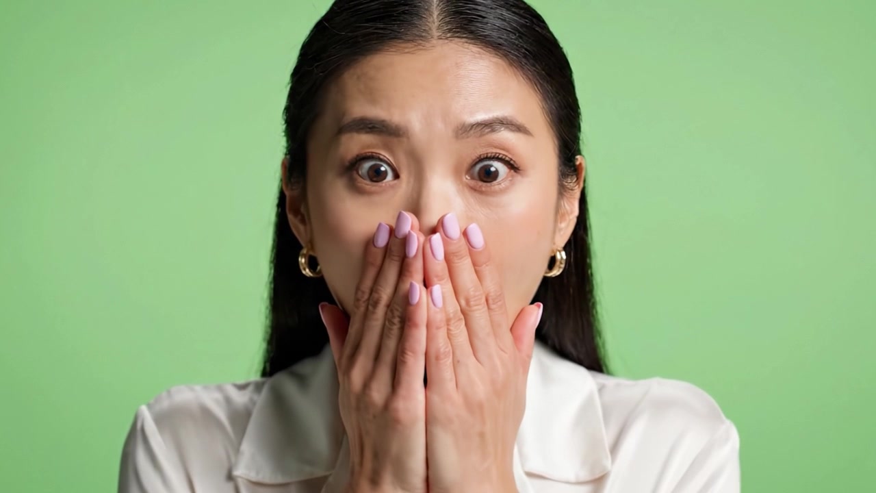 A woman in shock displays a wide-eyed expression and partially open mouth, reflecting surprise or disbelief in front of a vibrant green background.