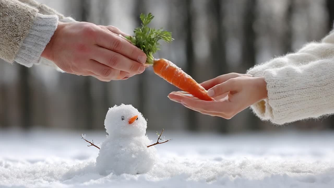 A Heartwarming Interaction: Two Hands Exchange a Carrot for a Snowman in a Winter Wonderland Scene, Capturing the Spirit of Fun and Playfulness in the Snow