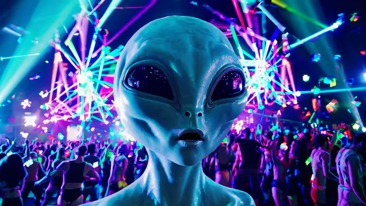 Close-up of an alien figure in a vibrant, neon-lit party scene