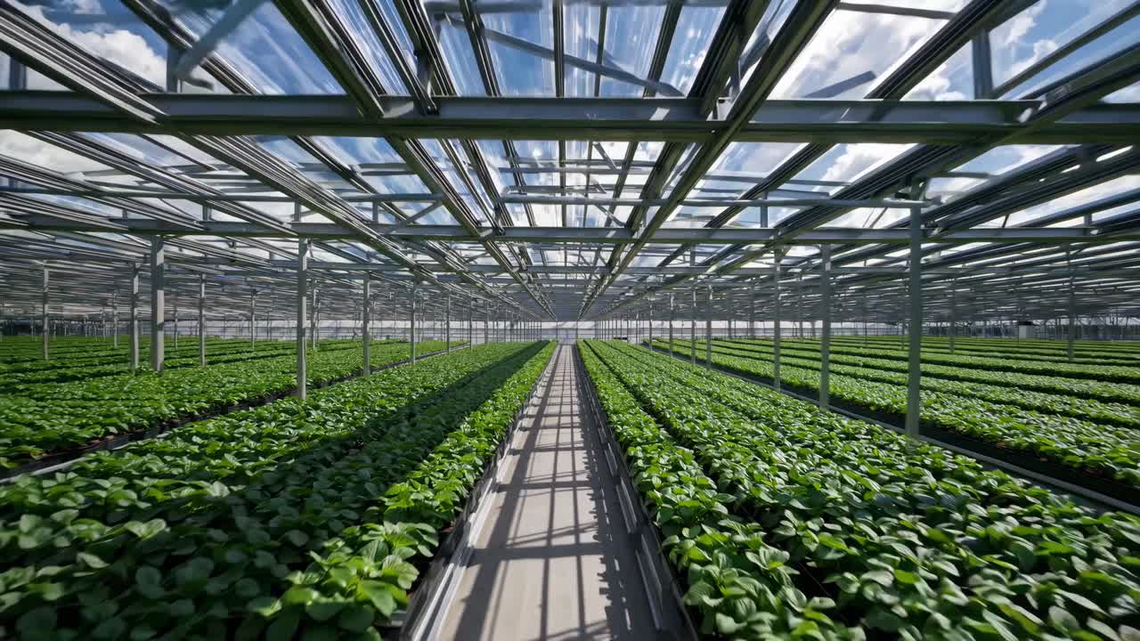 Wide-angle shot of a greenhouse interior with rows of plants under a glass roof, creating a lush